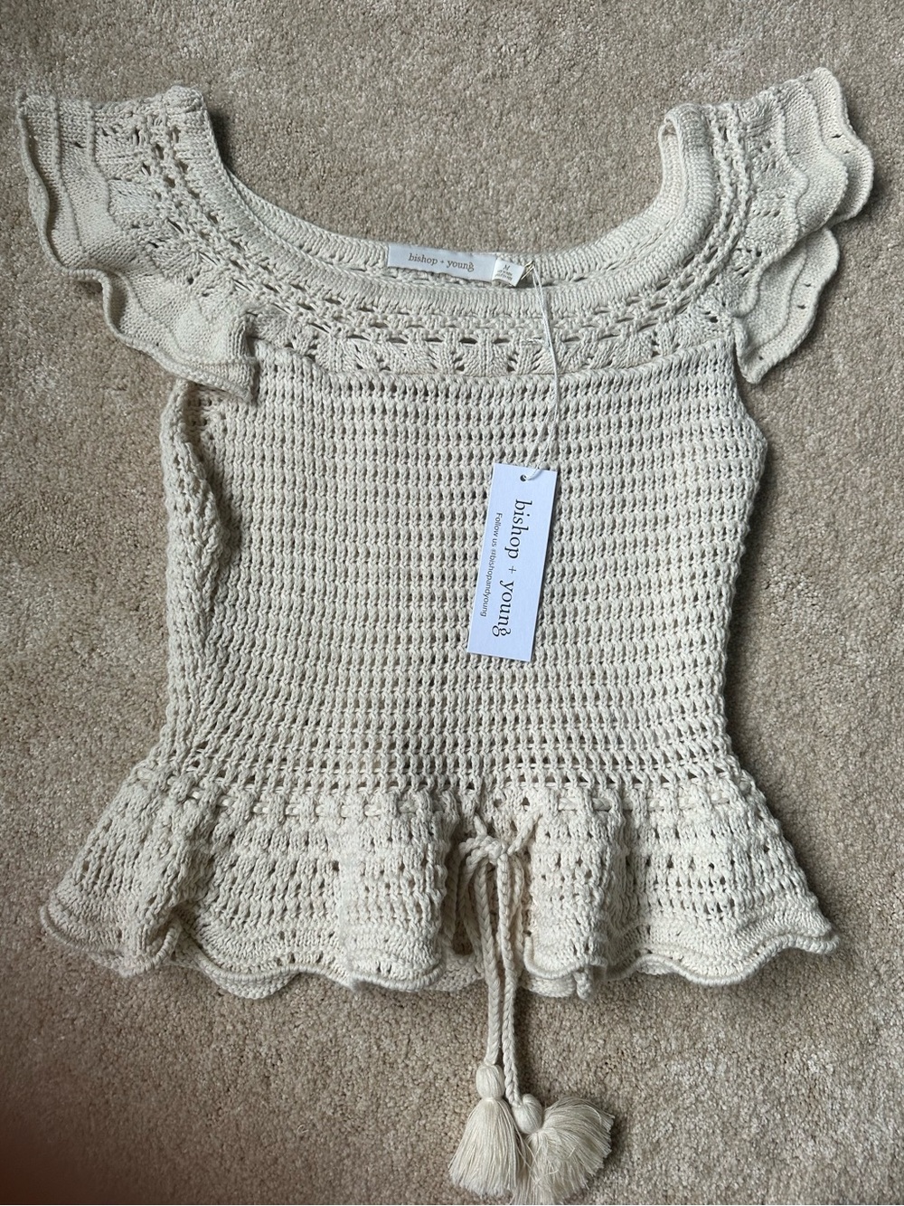 Anthropologie Cream Crochet Ruffle Peplum Tank with Tassels